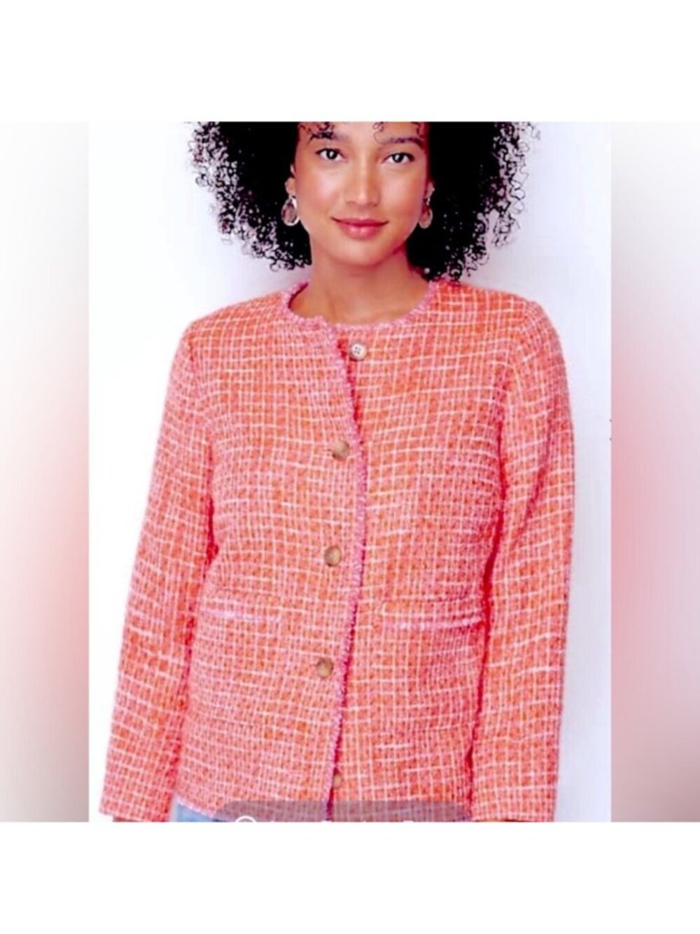 J. Jill Coral Pink Tweed Textured Jacket Fringe Trim Cotton Blend XL - Picture 3 of 8